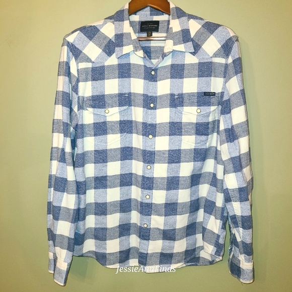 Lucky Brand Blue White Plaid Pearl Snap Flannel Shirt Men's Size Large - Picture 6 of 10